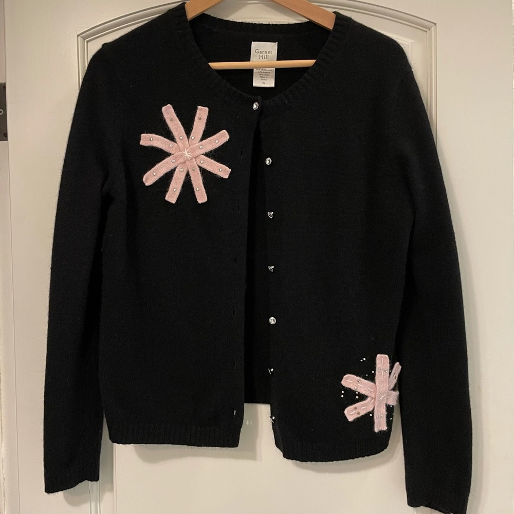 Black Angora Wool Blend Cardigan w rhinestone buttons & pink star embellishment